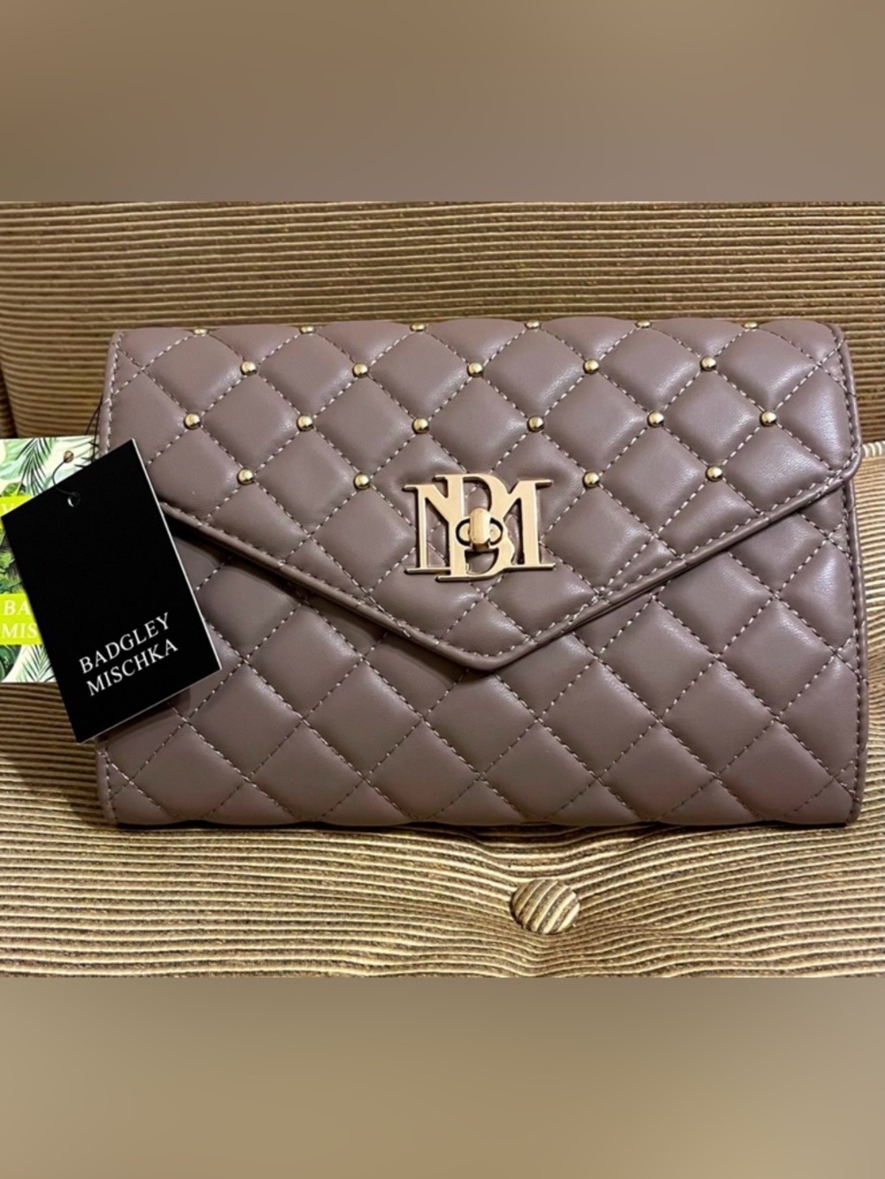 NWT BADGLEY MISCHKA Diamond Quilted Crossbody/Clutch w/Round Studs